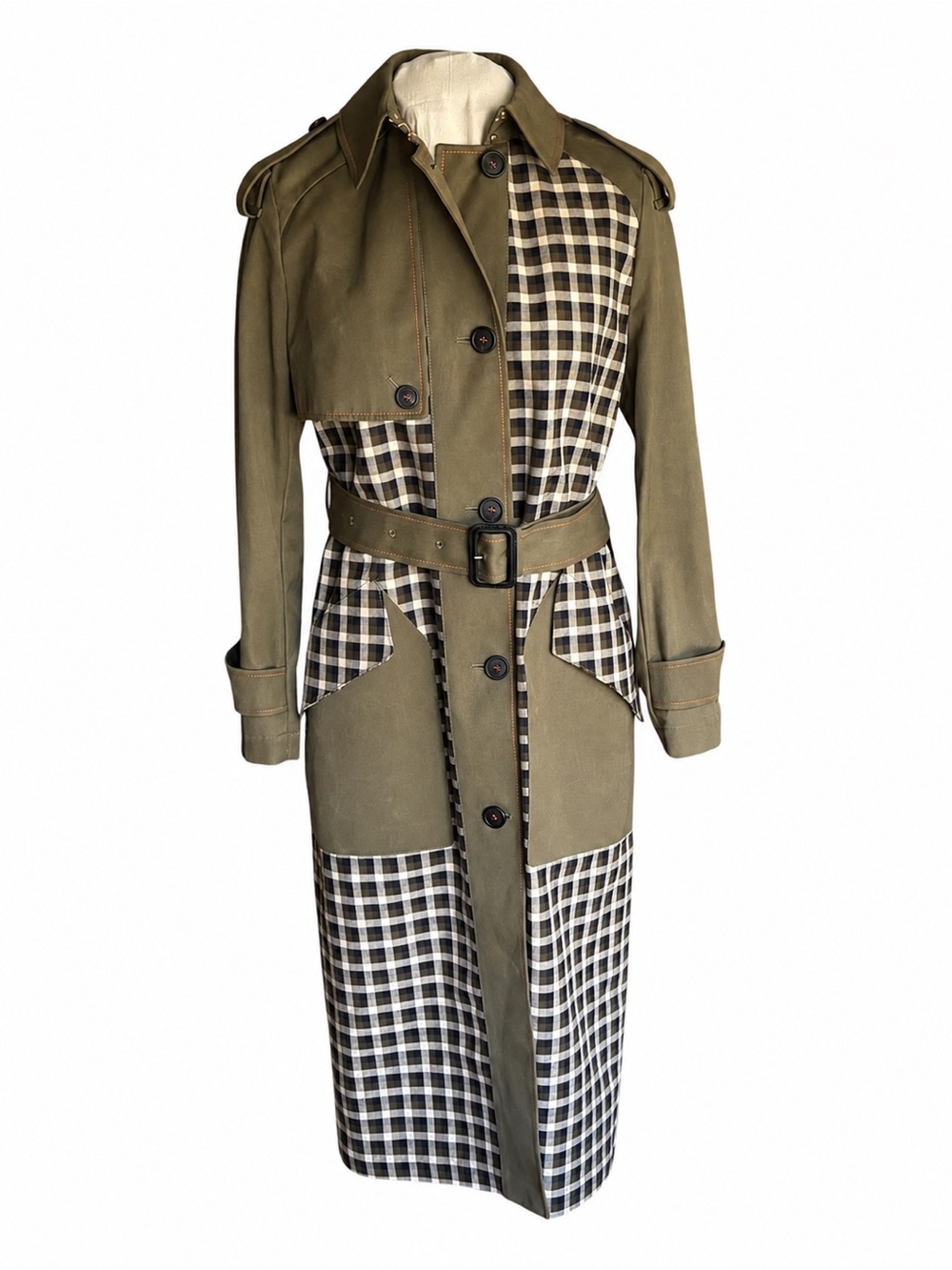 Mackage Olive Green Plaid Belted Trench Coat - Picture 3 of 11